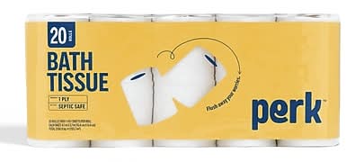 Perk 1-Ply Toilet Paper, Septic Safe Tissue Rolls, 1,000-Sheets Per Roll, 20-Pack, White