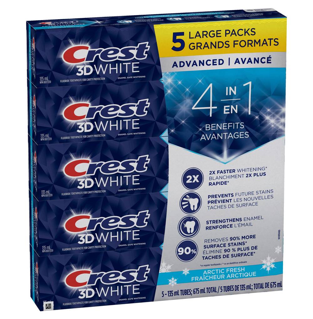 Crest 3D White - Dentifrice Blanchissant  Avancé, Fraîcheur Arctique, 5 X 135 Ml / Crest 3D White Advanced, Teeth Whitening Toothpaste Arctic Fresh, 5 X 135 Ml