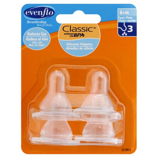Evenflo 6+ m Fast Flow 3 Silicone Nipples (4 ct)