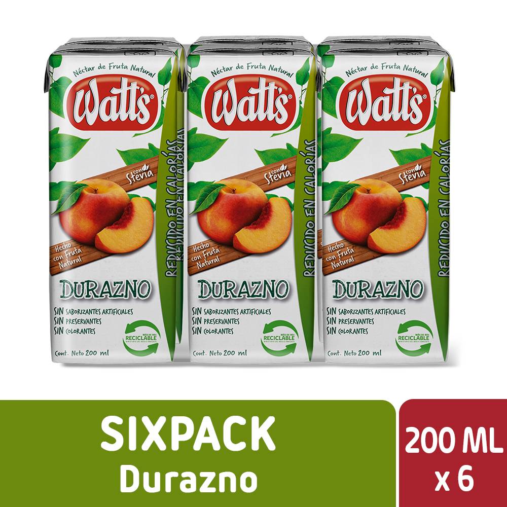 Watt's jugo néctar de durazno (6 pack, 200 ml)