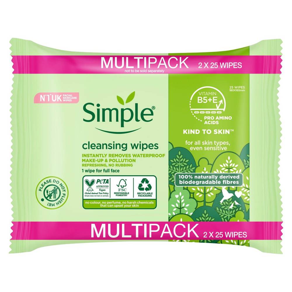 Simple Kind to Skin Biodegradable Face Wipes (2 x 25each)