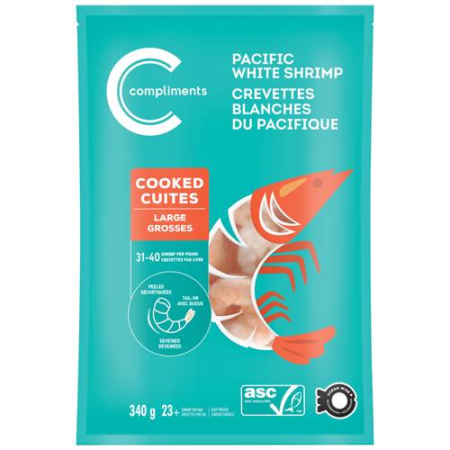 Compliments Frozen Cooked Peeled Tail On Pacific White Shrimp 31-40 Count 340 g