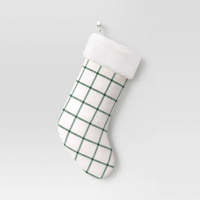 20" Woven Windowpane Plaid Christmas Stocking with Faux Shearling Cuff White/Green - Wondershop™