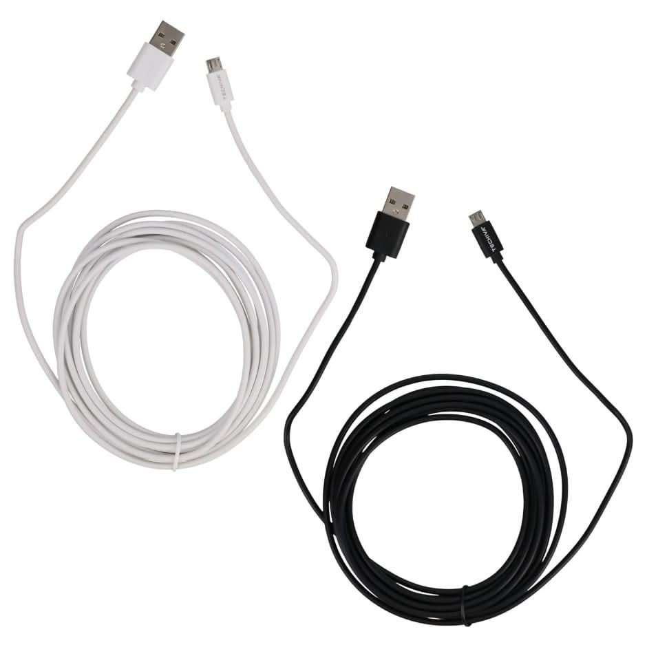 Techiva Micro Usb Cables, 10 ft, Black-White (2 ct)