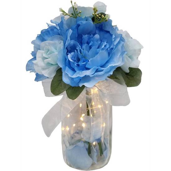 Blue Fabric Flower Bouquet in Glass Vase with Fairy Lights