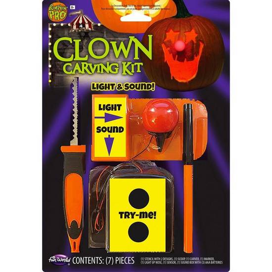 Light-Up Clown Plastic & Stainless Steel Pumpkin Carving Kit with Sounds, 7pc