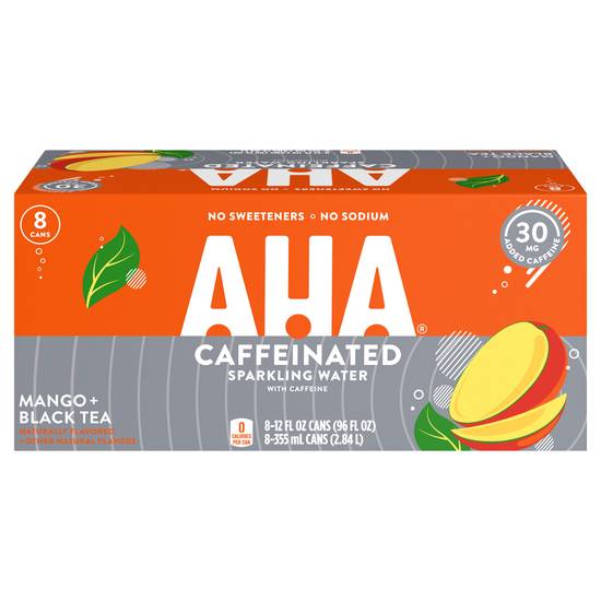 Aha Caffeinated Sparkling Water Mango Black Tea Cans (8 ct, 12 fl oz)