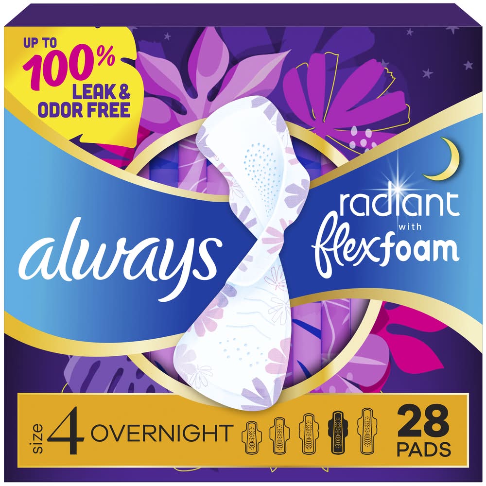 Always Radiant Flexfoam Overnight Pads With Wings (8.2 oz)