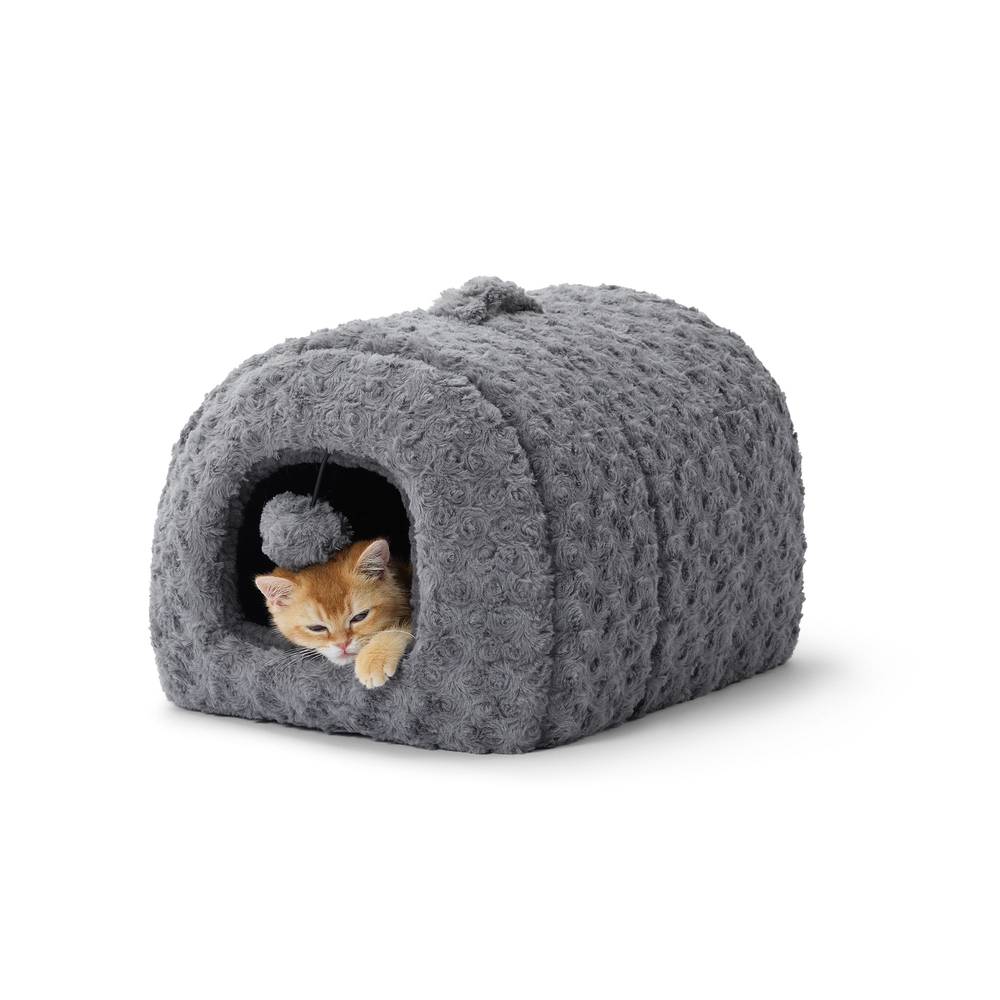 Whisker City Fur Hiding Hut & Toy Cat Bed, 16\"L x 12\"W x 11\"H, Grey