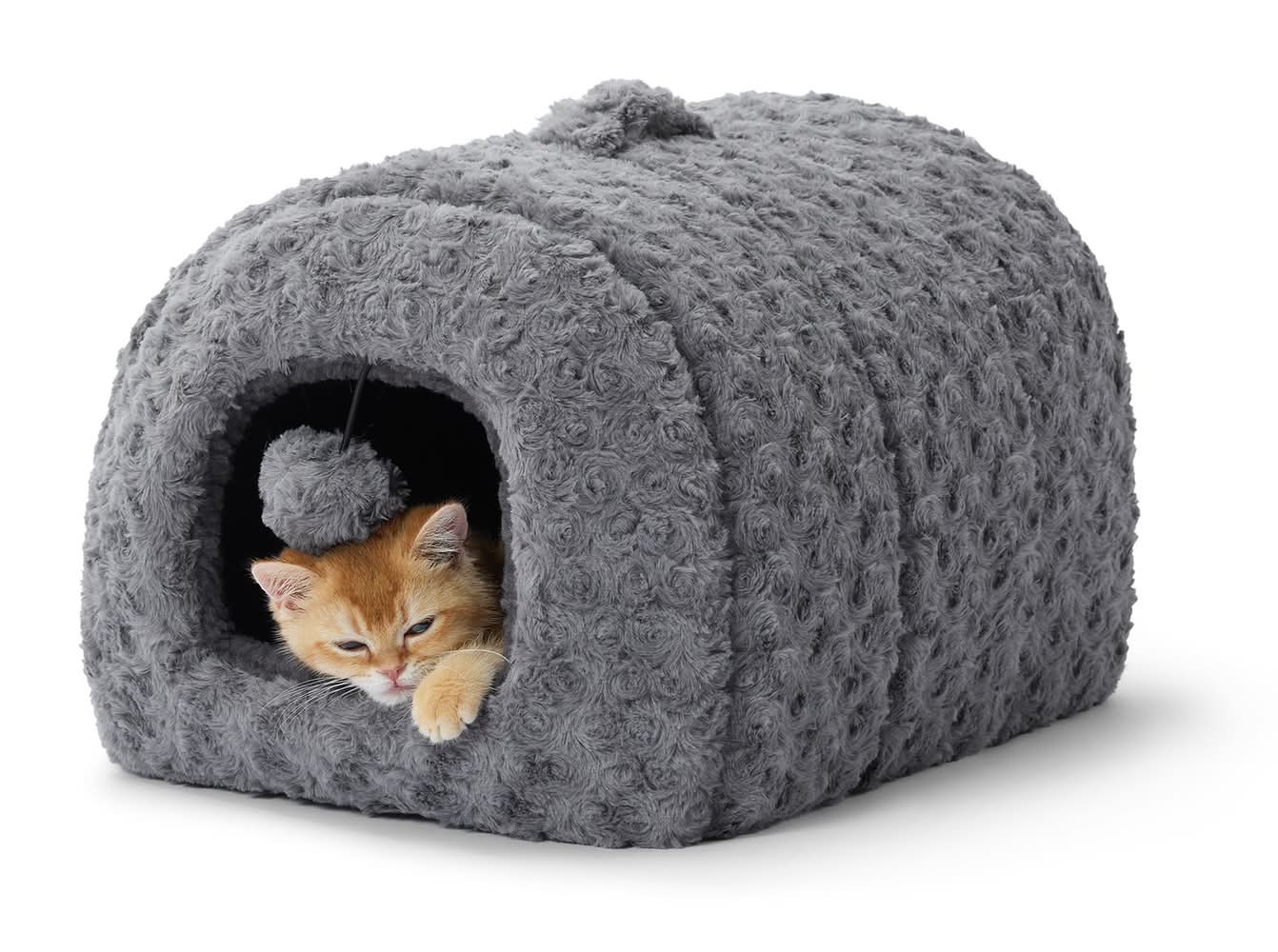 Whisker City® Fur Hiding Hut & Toy Cat Bed (Color: Grey, Size: 16\"L X 12\"W X 11\"H)