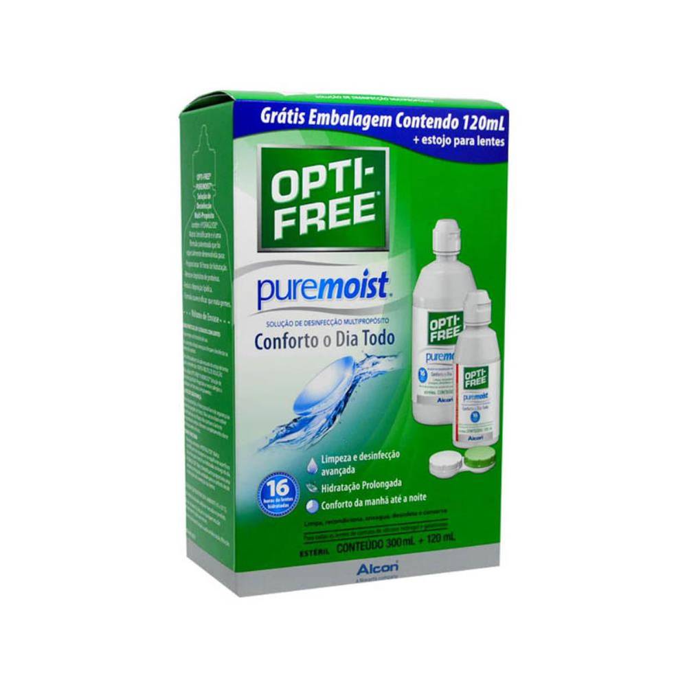 Alcon kit opti-free pure moist + estojo para lente (3 un)