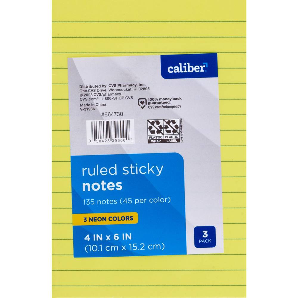 Caliber Ruled Sticky Notes, Neon 3 Pack, 135 Ct