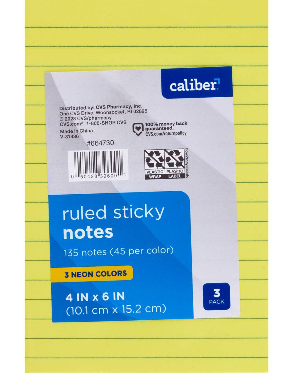 Caliber Ruled Sticky Notes, Neon 3 Pack, 135 Ct
