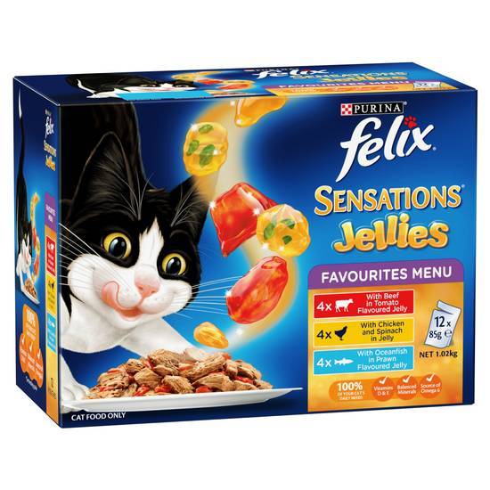 Purina Felix Sensations Jellies Favourites Menu Wet Cat Food, Beef Chicken & Spinach Oceanfish (12 x 85g)