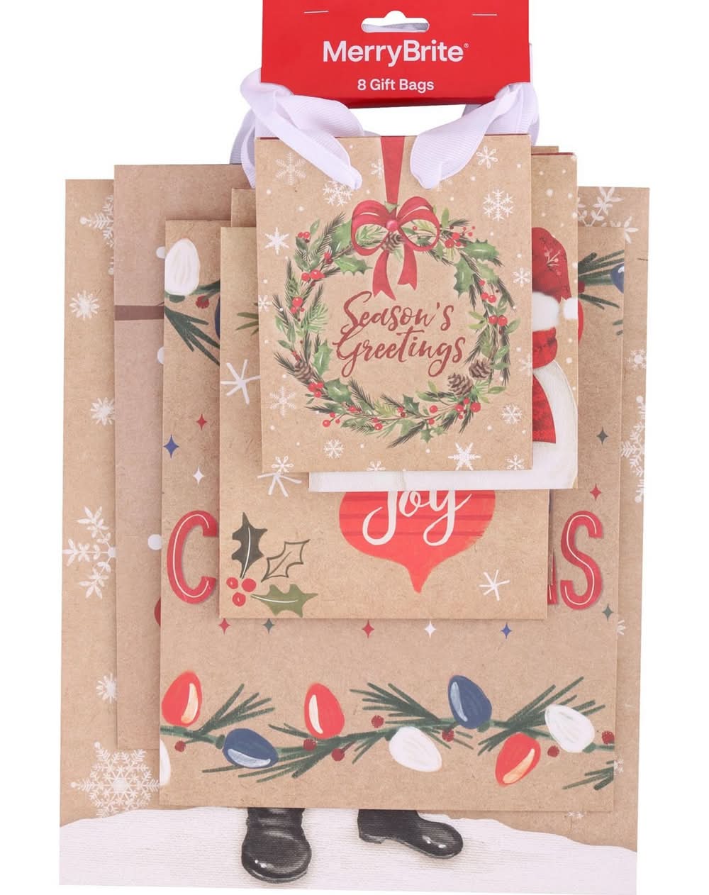 Merry Brite Holiday Kraft Gift Bag Assortment, 8 Ct