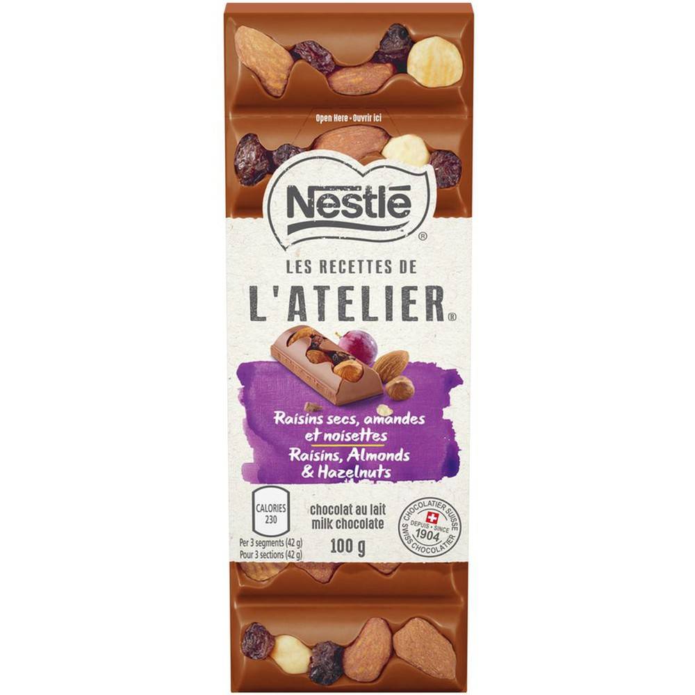 L'Atelier Tablette de chocolat au lait aux raisins, amandes et