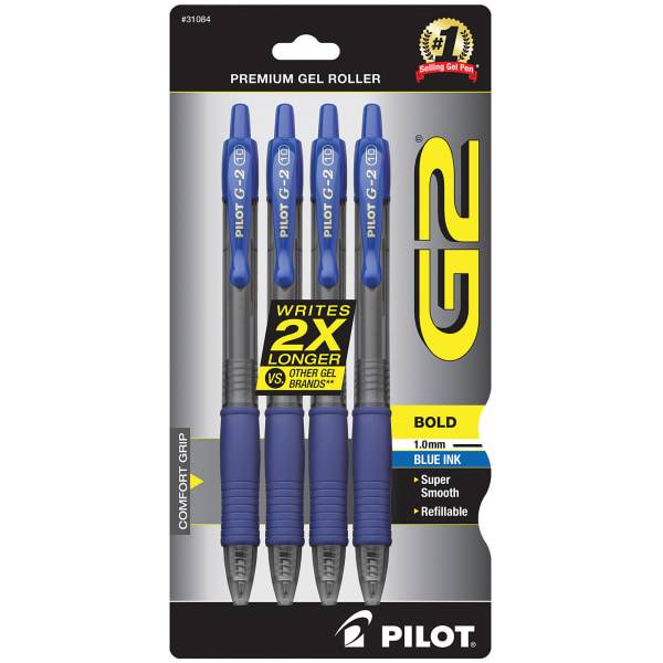 Pilot G-2 Retractable Gel Pens 2x Longer Bold Point Clear Barrels Blue Ink (4 ct)