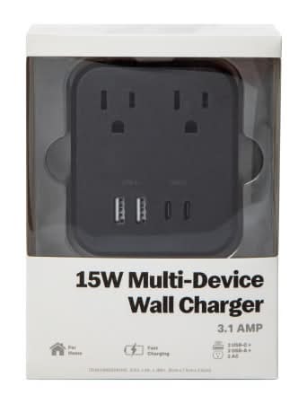 15W USB-C & USB Wall Charger With Outlets Black