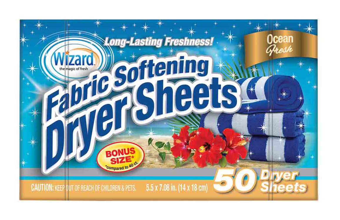 Wizard Ocean Fresh Fabric Softening Dryer Sheets, 5.5x7.08 in, Blue-White (50 ct)