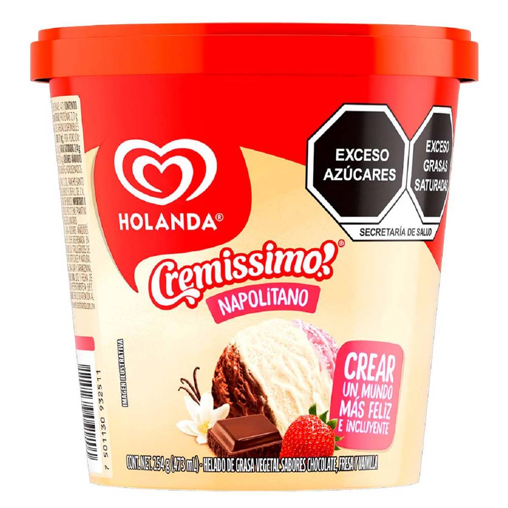 Holanda · Cremissimo helado de grasa vegetal, napolitano (473 ml)