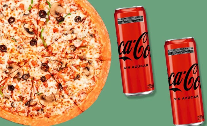 Pizza de Especialidad Masa Delgada más dos refrescos de 355ml