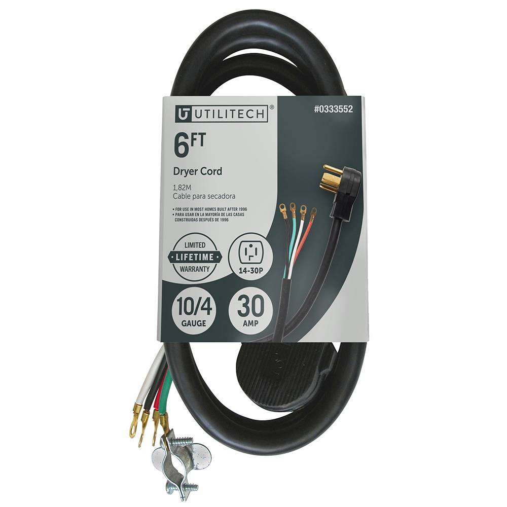 Utilitech Dryer Power Cord 6-ft 30-Amp 4-Prong Black Dryer Appliance Power Cord | UTD100406