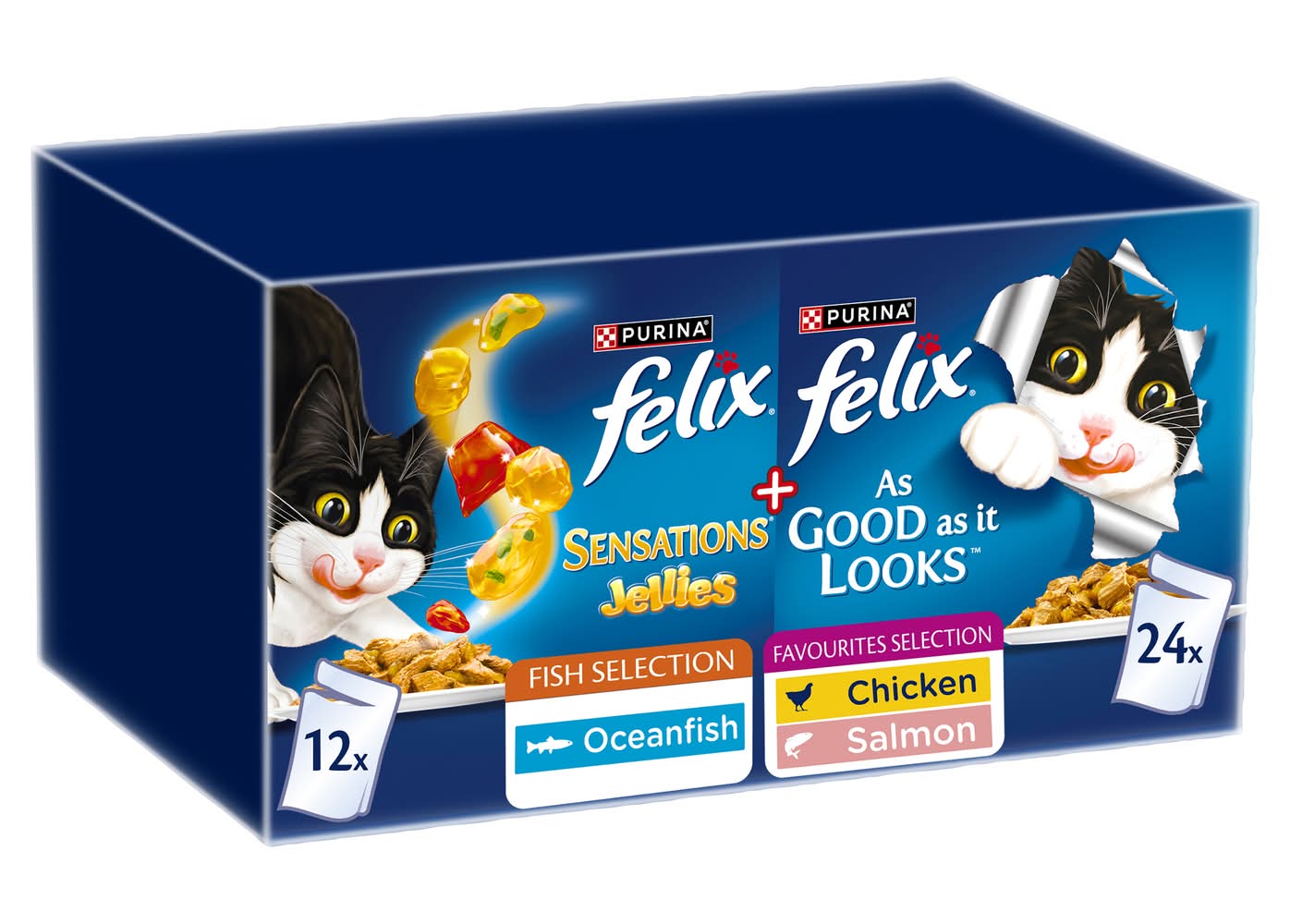 Purina Felix Sensations Jellies & As Good As It Looks Wet Cat Food, Oceanfish-Chicken-Salmon (36 x 85g)
