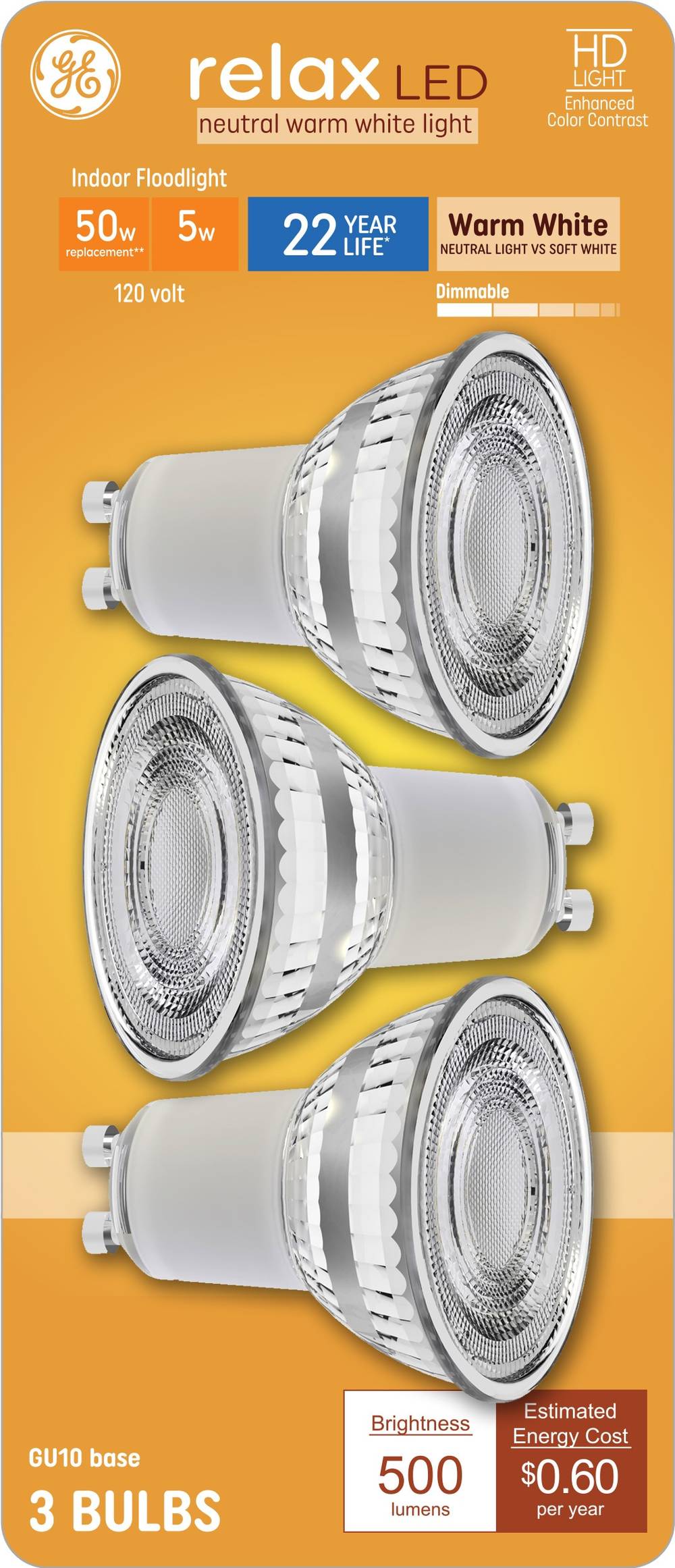 GE Relax HD 50-Watt EQ MR16 Warm White Gu10 Pin Base Dimmable LED Spot and Flood Light Bulb (3-Pack) | 93130836