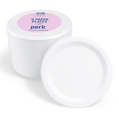 Perk 9 Inch Disposable Paper Plates, 100 Count Economy Plates for Everyday Use