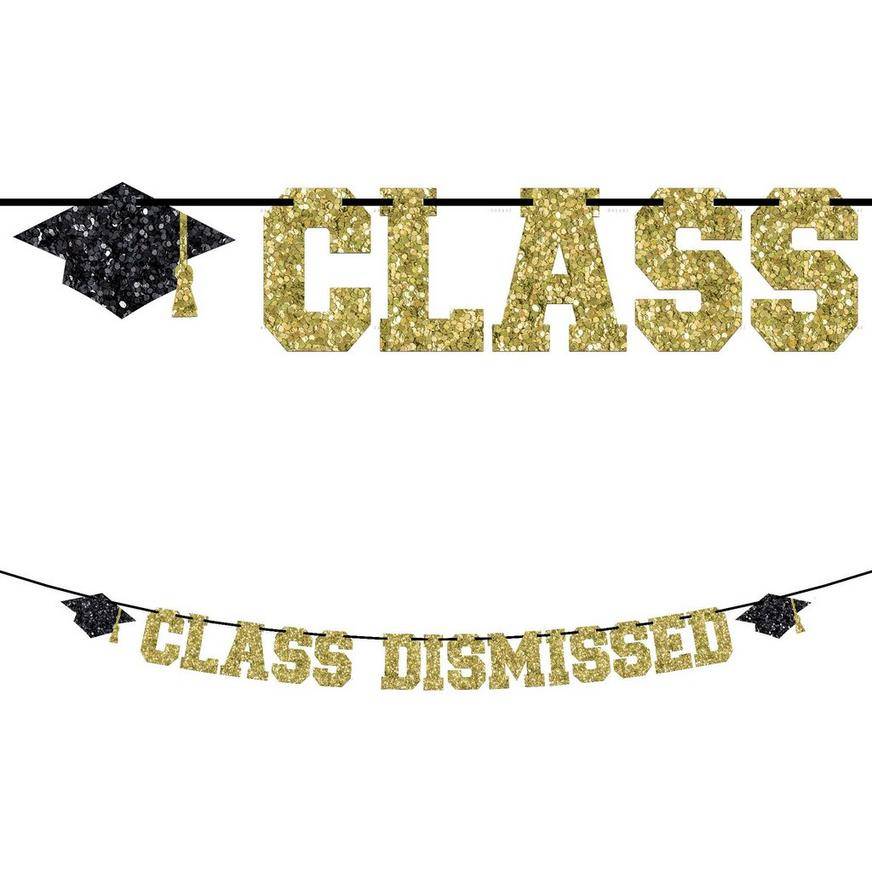Glitter Gold Class Dismissed Graduation Cardstock Ribbon Letter Banner, 12ft