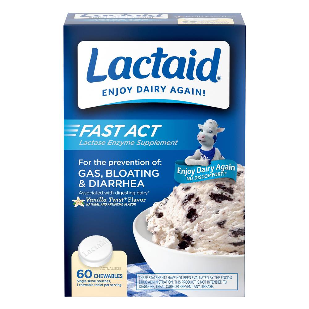 Lactaid Fast Act Lactase Enzyme Chewable Tablets, Vanilla Twist (60 ct)