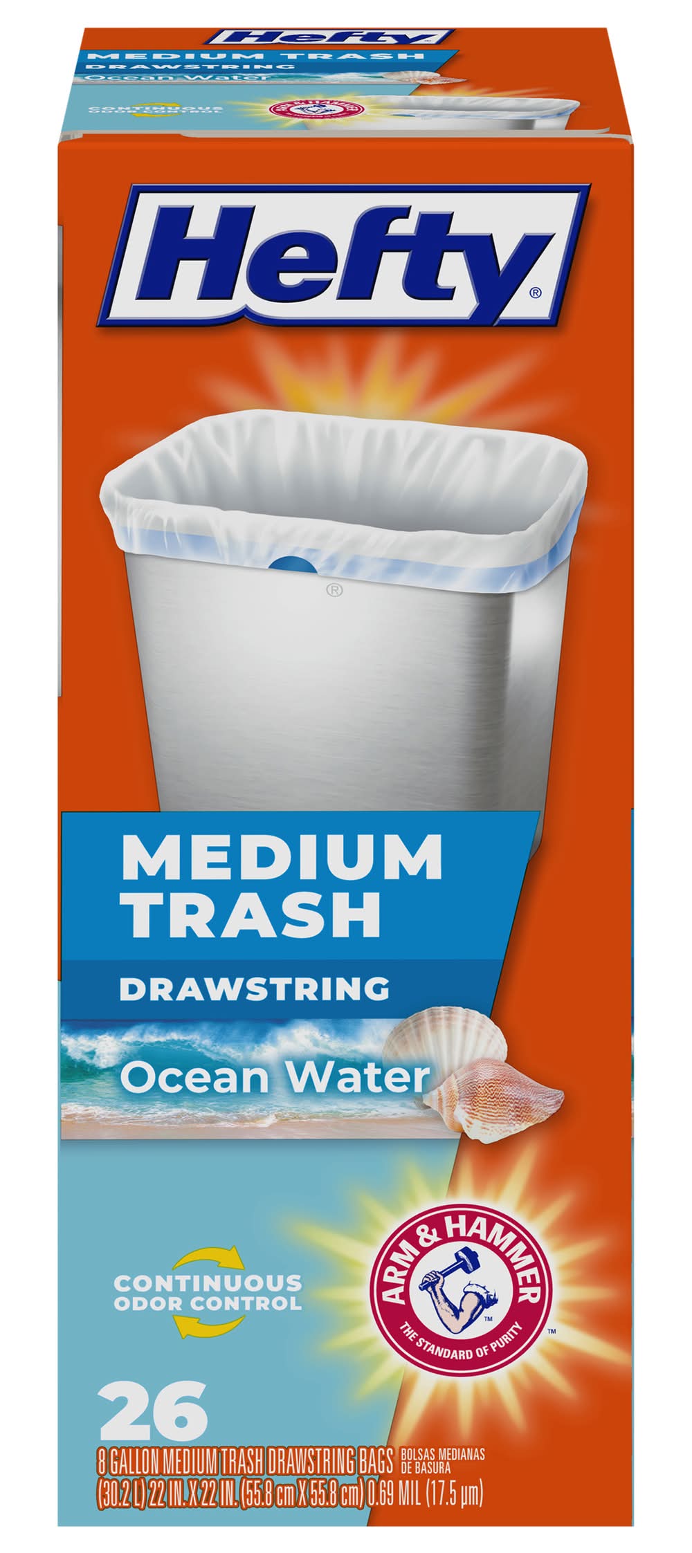 Hefty Drawstring Trash Bags 8 Gallon, Ocean Water, 22x22 in (26 ct)