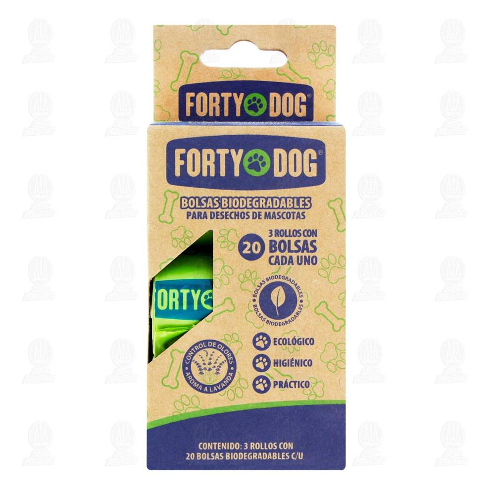 Bolsas Biodegradables Forty Dog para Desechos de Mascotas, 3 pzas con 20 Bolsas c/u.