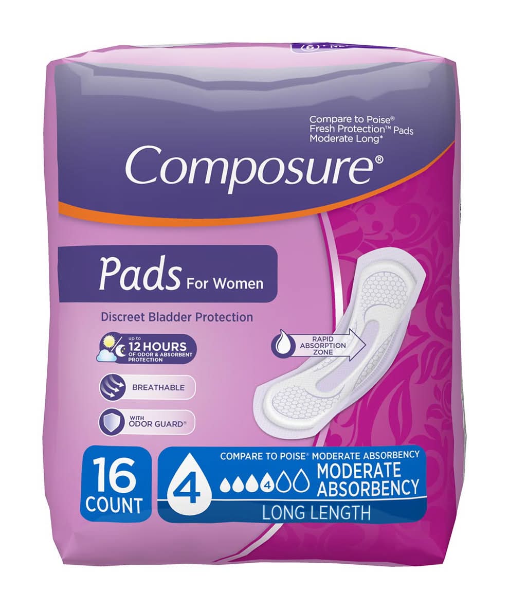Composure Incontinence And Postpartum Pads Moderate Long 16 Ct