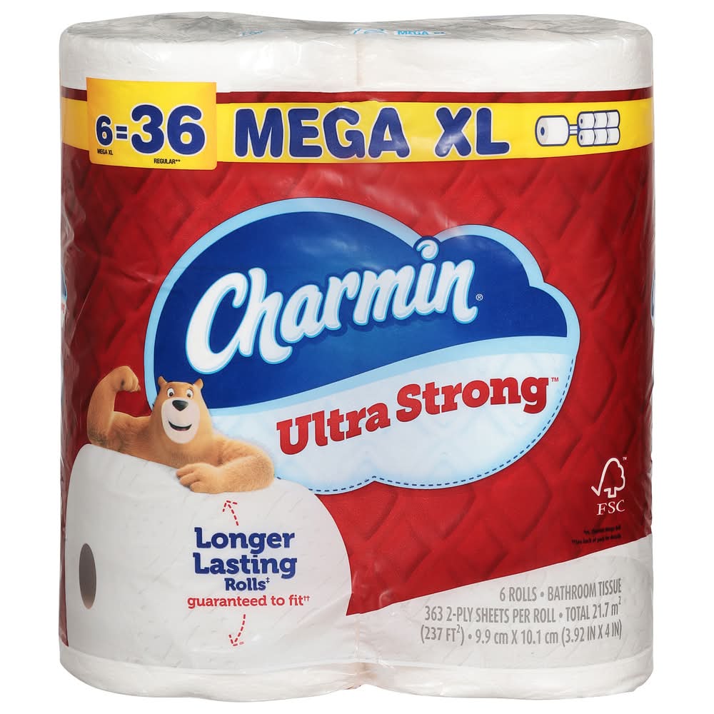 Charmin Ultra Strong 2 Ply Bathroom Tissue Mega Paper Rolls, 3.92x4 in (6 ct)