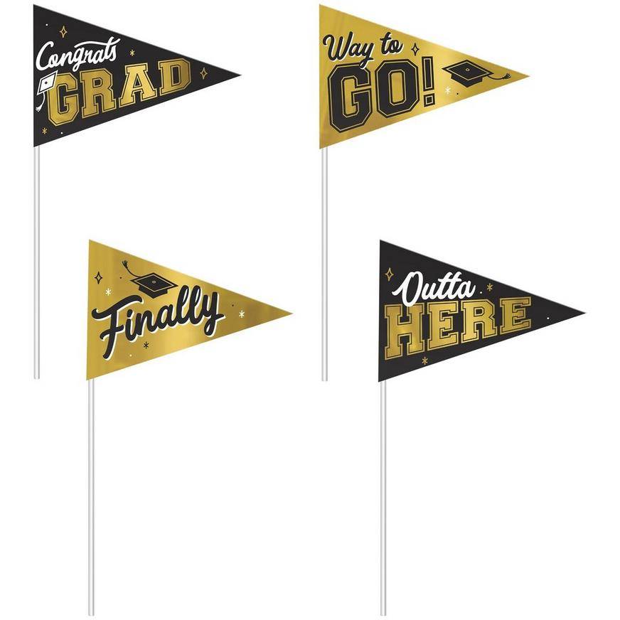 Party City Come Graduation Cardstock Plastic Pennant Flags (4 ct) (8 in x 12.5 in/black-silver-gold)