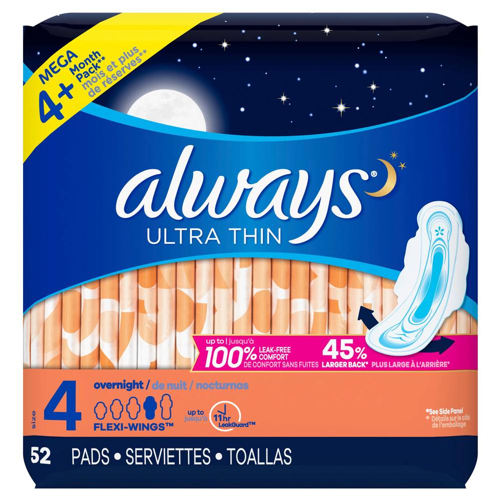 Always Ultra Thin Pads, With Wings, Size 4, 52 Ct