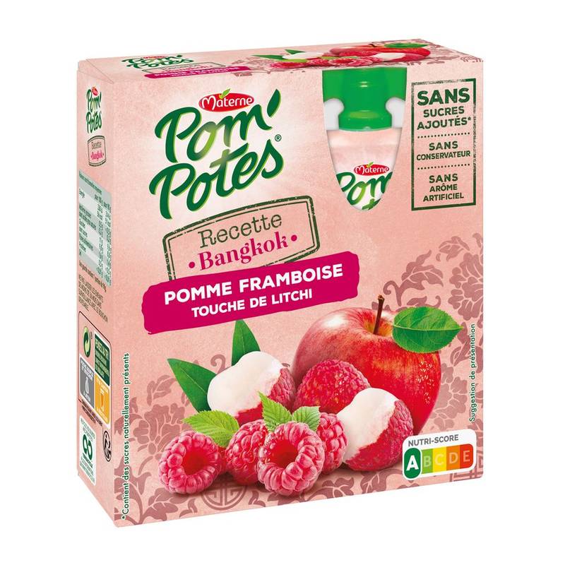 Pom'Potes - Compote recette bangkok sans sucre ajouté pommes framboise litchi (360g)