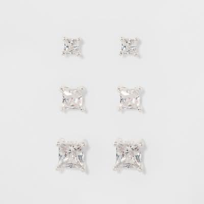 A New Day Crystal Square Stud Earring Set, 0.25 in, Silver (3 ct)
