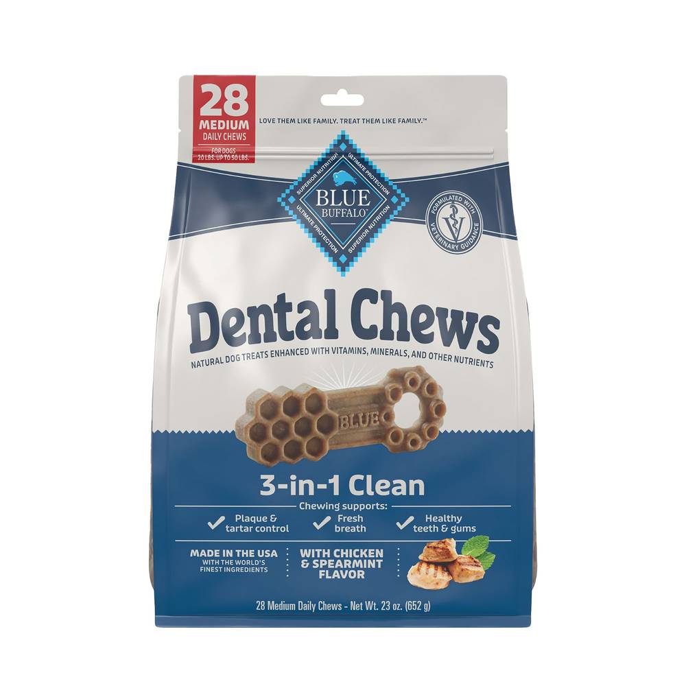 Blue Buffalo Dental 3 in 1 Clean Chicken and Spearmint Chews, Medium (0.82 oz, 28 ct)