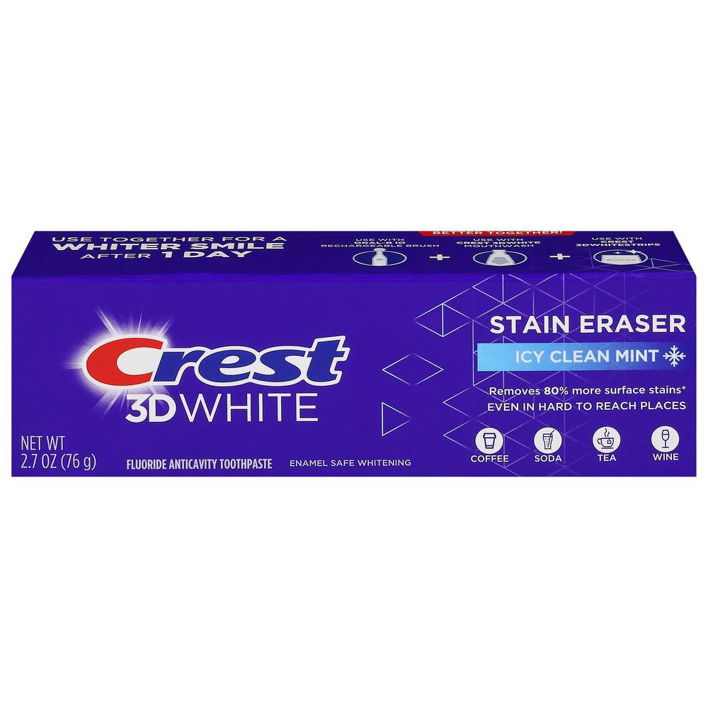 CREST 3D White Stain Eraser Teeth Whitening Toothpaste, Icy Clean Mint (2.7 oz)