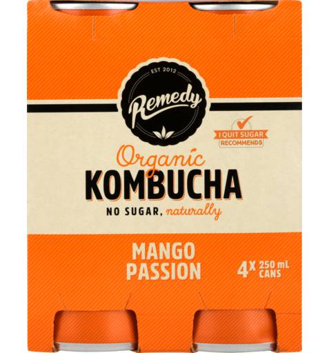 Remedy Organic Kombucha Tea, Mango Passion (4 x 250mL)