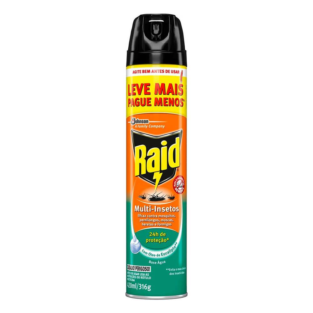 Raid inseticida aerosol multi-insetos com óleo de eucalipto à base de água (420 ml)