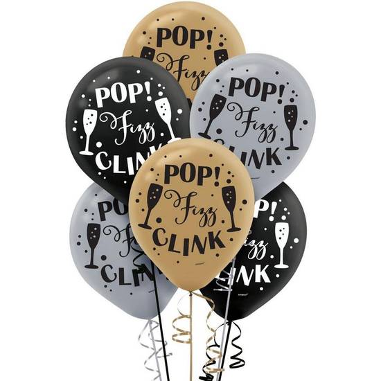 Uninflated 15ct, 12in, Black, Silver Gold Pop Fizz Clink Latex Balloons