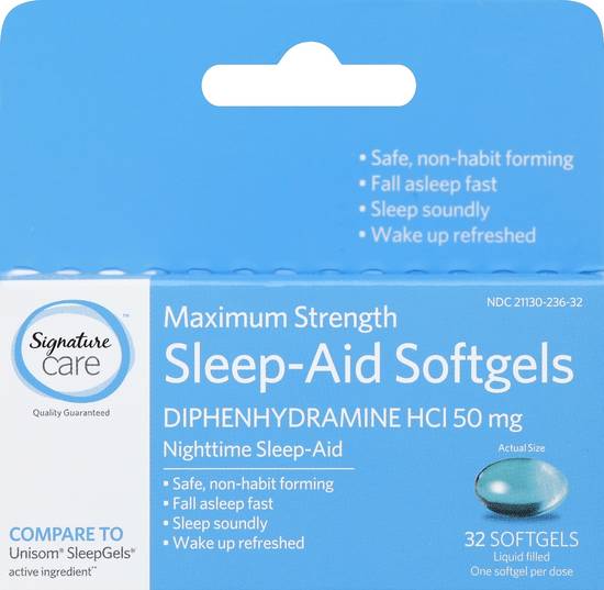 Signature Care Maximum Strength Sleep Aid 50 mg Diphenhydramine (32 softgels)
