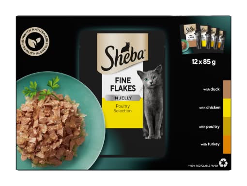 Sheba Fine Flakes Poultry Selection in Jelly Wet Cat Food (12 x 85g)
