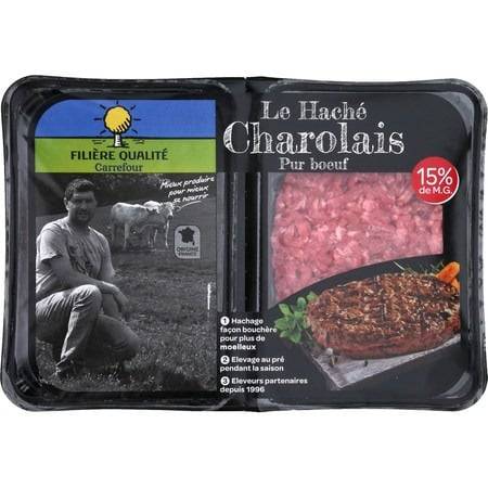 Carrefour - Filière qualité steaks hachés charolais pur bœuf 15% mg (2 pièces)