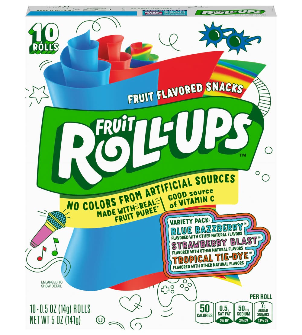 Fruit Roll-Ups Fruit Flavored Snack Rolls Variety pack, Blue Razzberry-Strawberry Blast-Tropical Tie-Dye (10 x 0.5 oz)