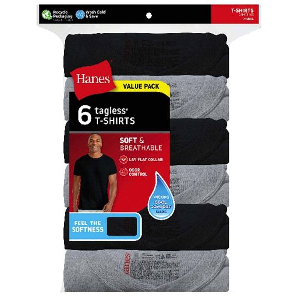 Hanes Men's Soft and Breathable Tagless T Shirts Value pack, Medium, Assorted (6 ct)