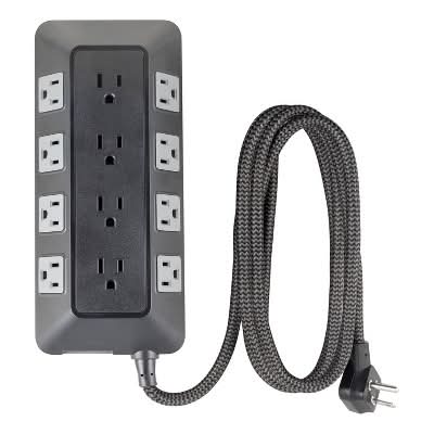 General Electric 12-Outlet Surge Protector Braided Extension Cord, 8 ft, Gray